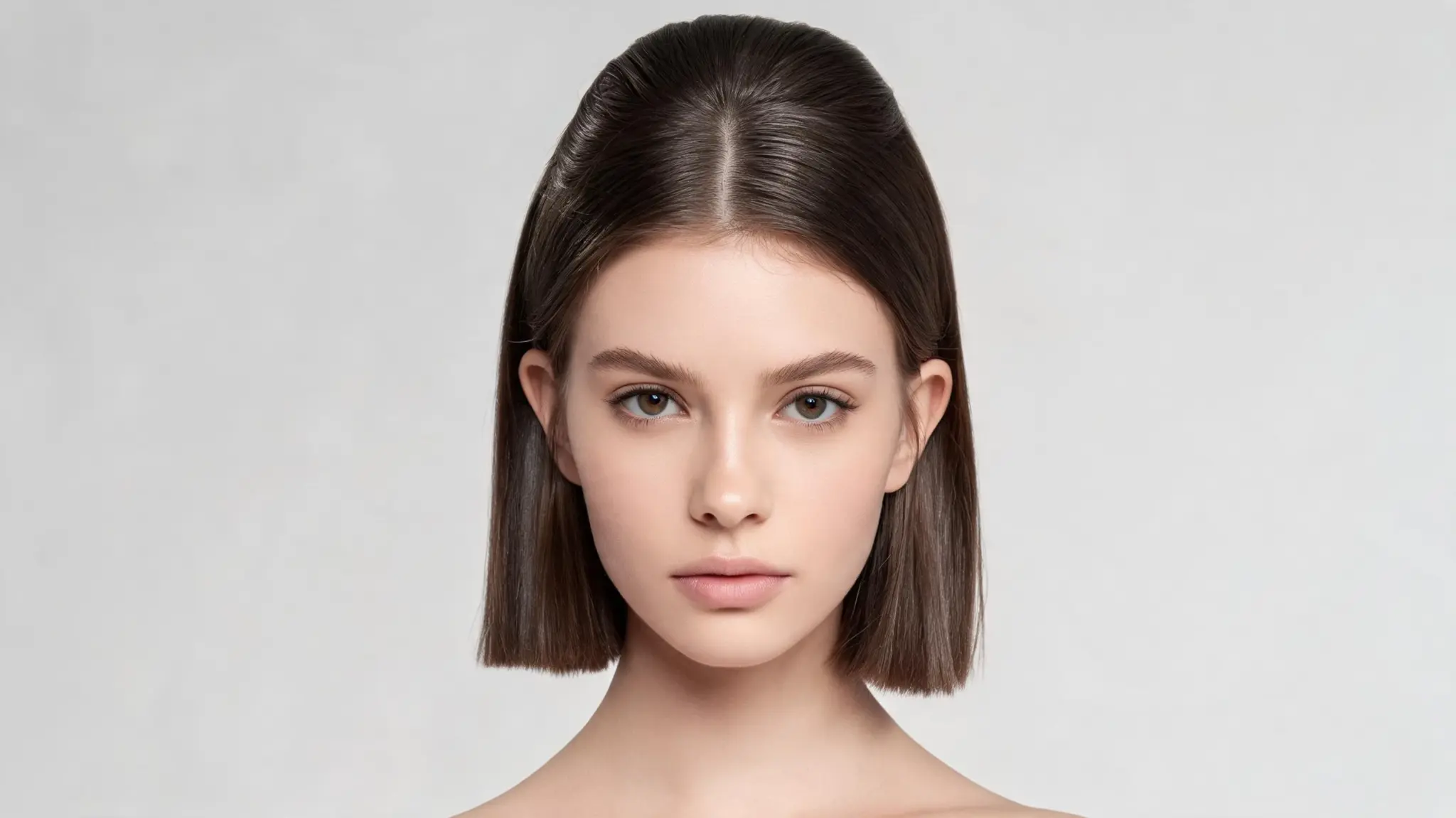 american model with sleek half up hairstyle on straight short bob hair