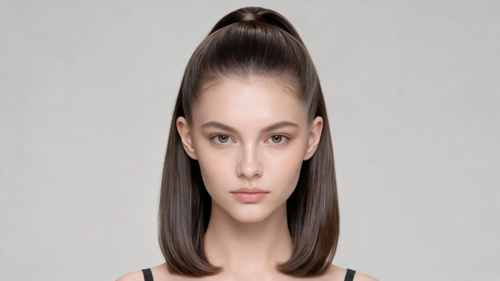 american model with sleek half up ponytail on straight bob hair with smooth finish