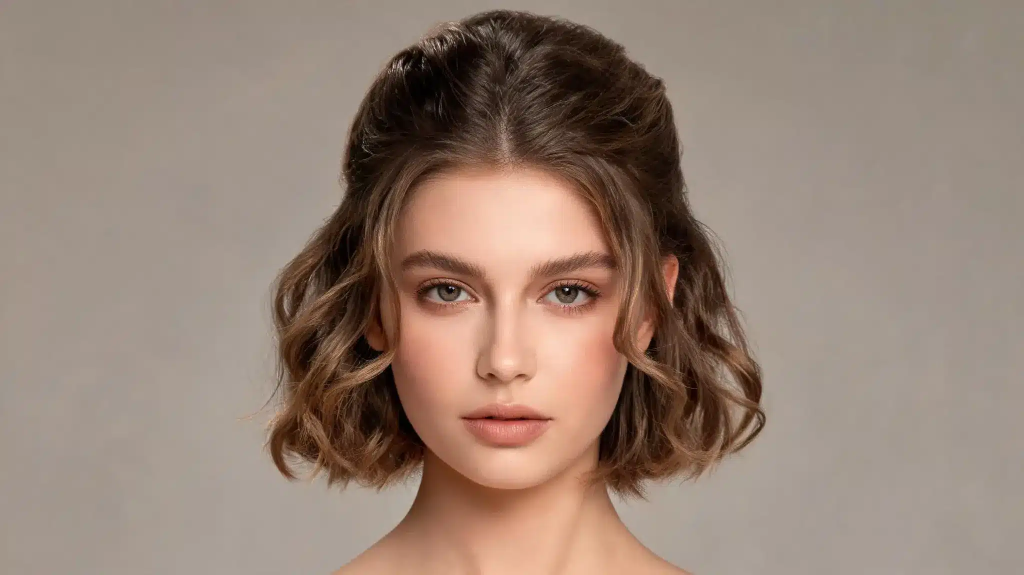 american model with vintage inspired half up hairstyle on short wavy hair