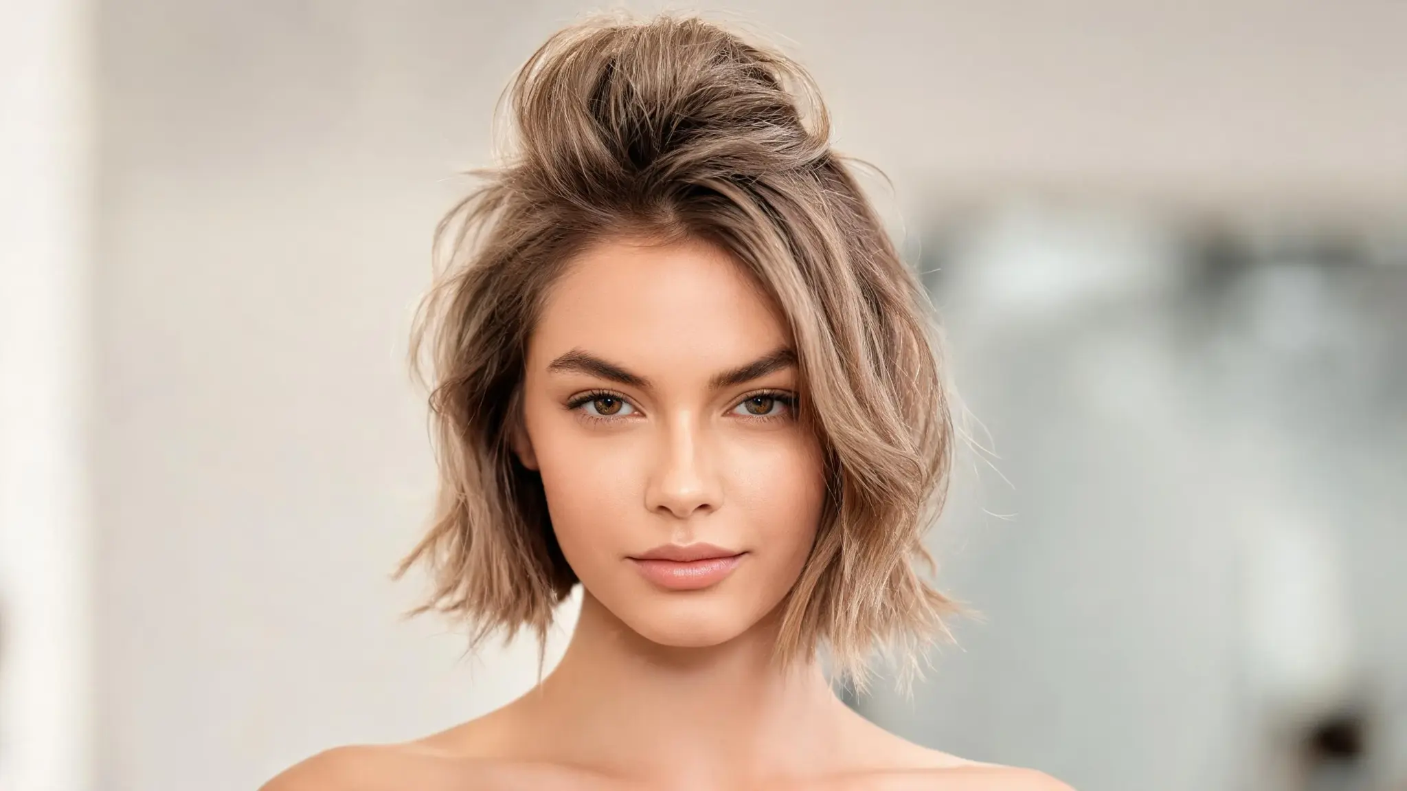 american model with voluminous crown half up hairstyle on fine short hair