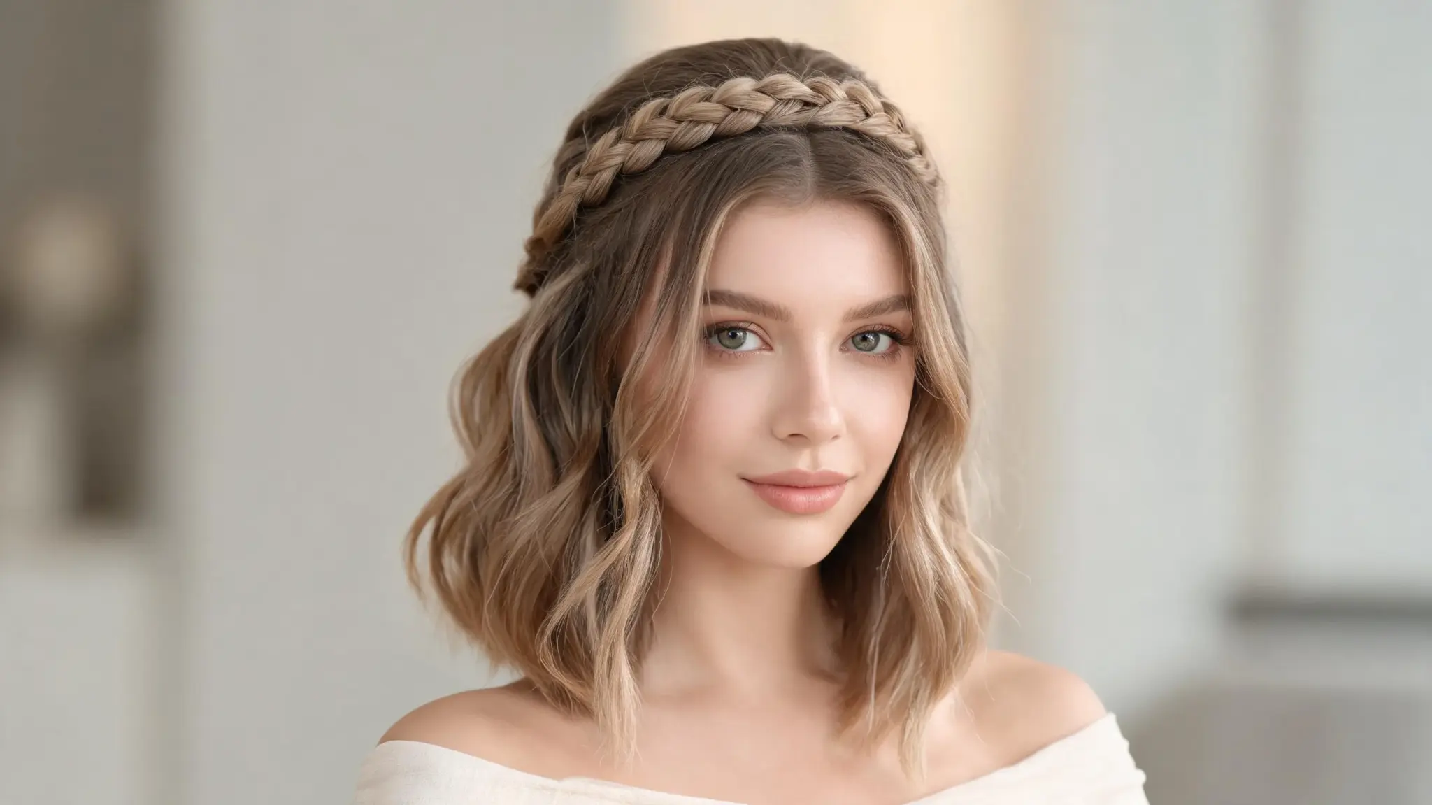 american model with waterfall braid half up hairstyle on medium bob hair