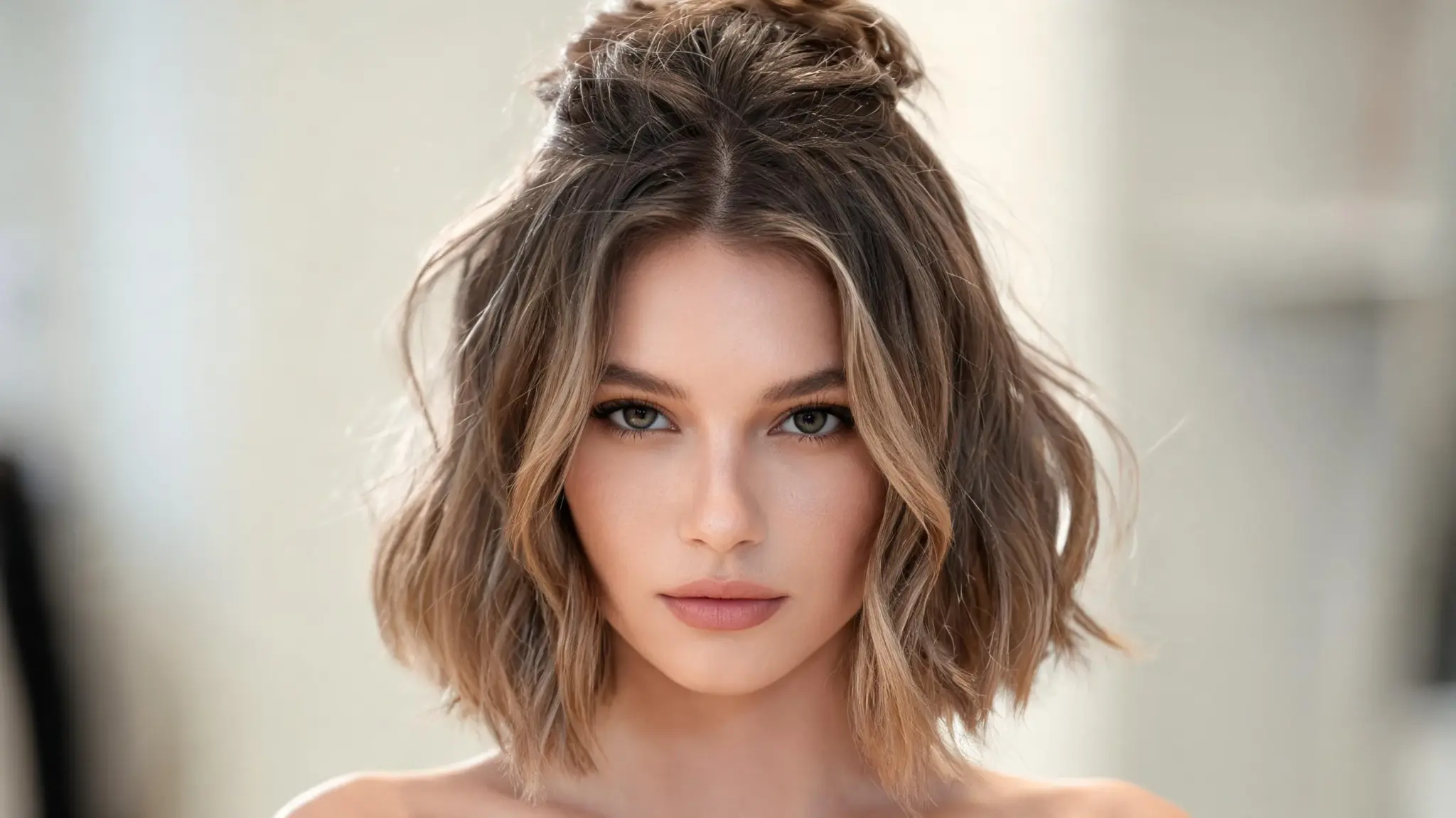 american model with wavy half up hairstyle on short bob hair with natural movement