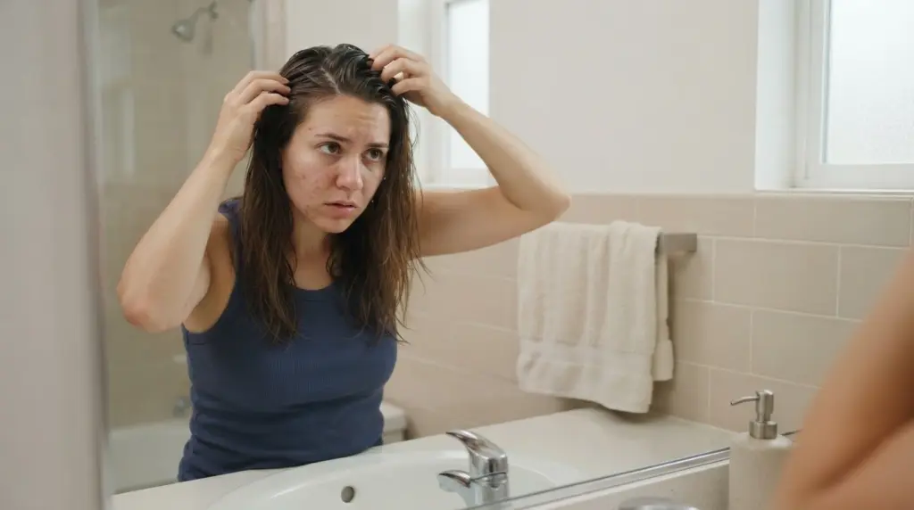 american woman in a simple washroom checking visibly greasy hair roots