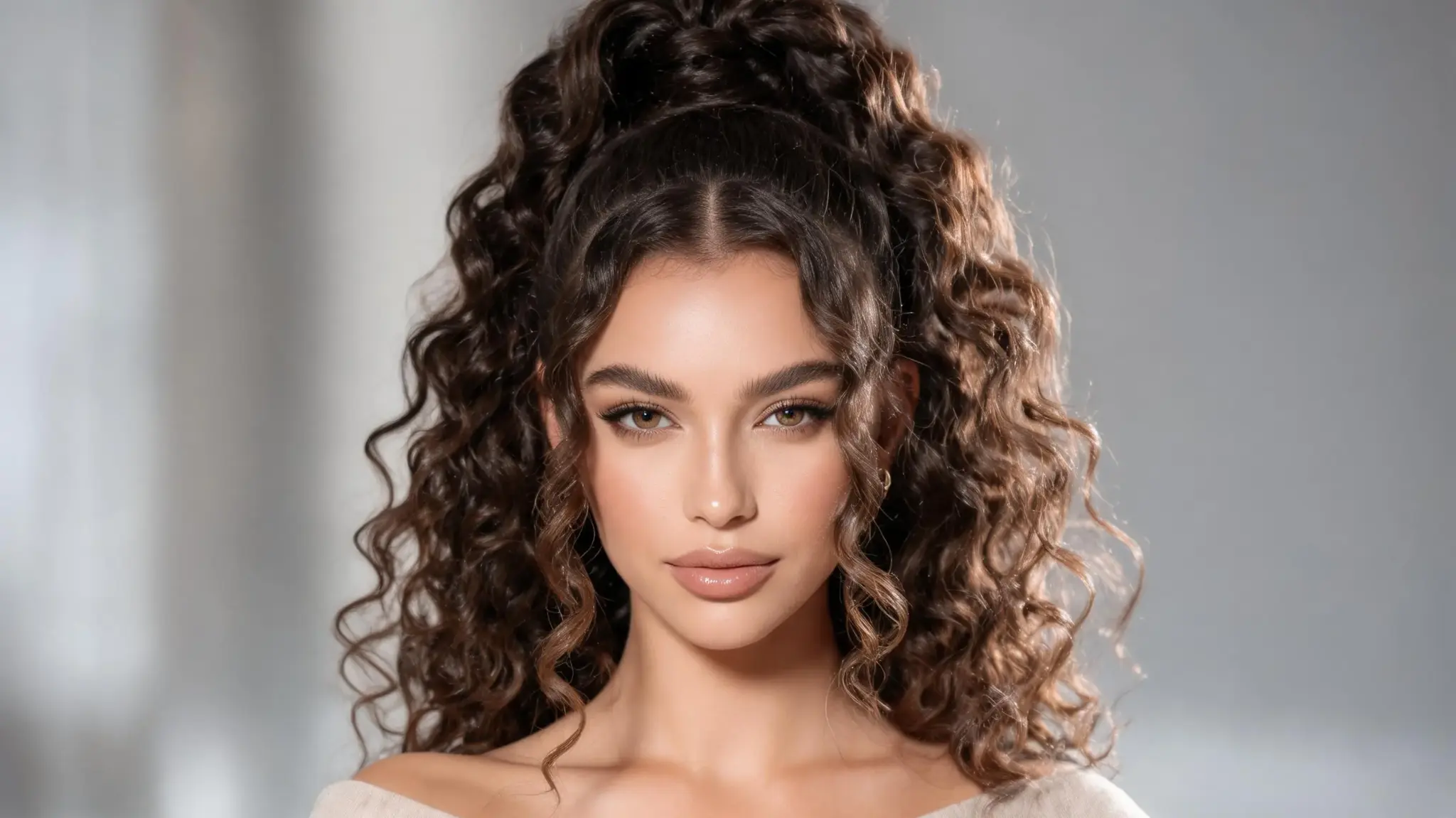 american woman with high curly ponytail half up hairstyle