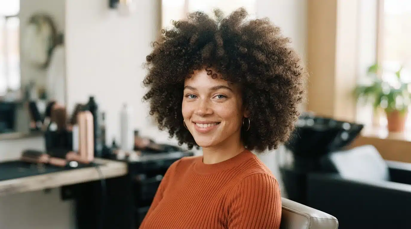 american woman with natural afro hairstyle in 1960s salon