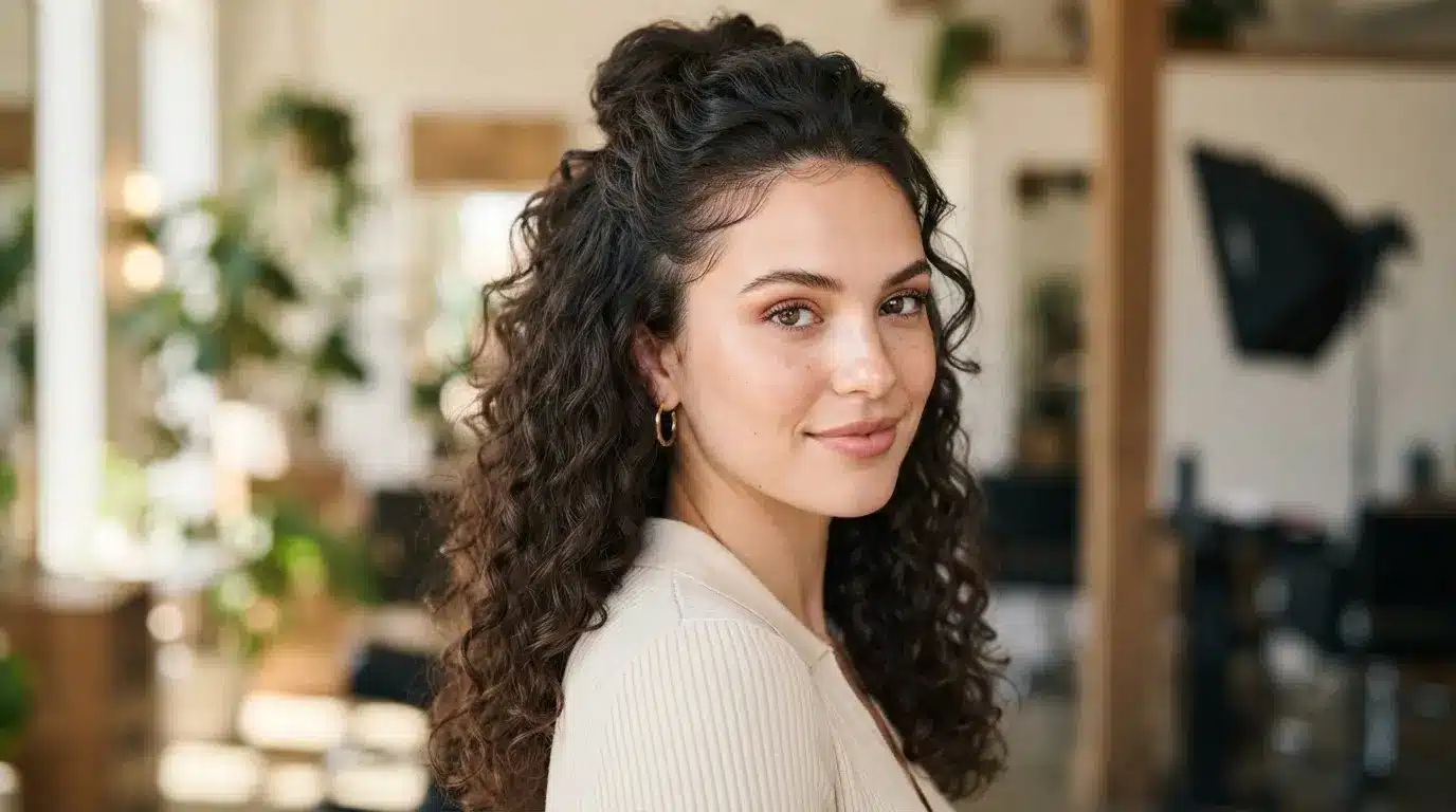 american woman with natural curly half up hairstyle and voluminous defined curls
