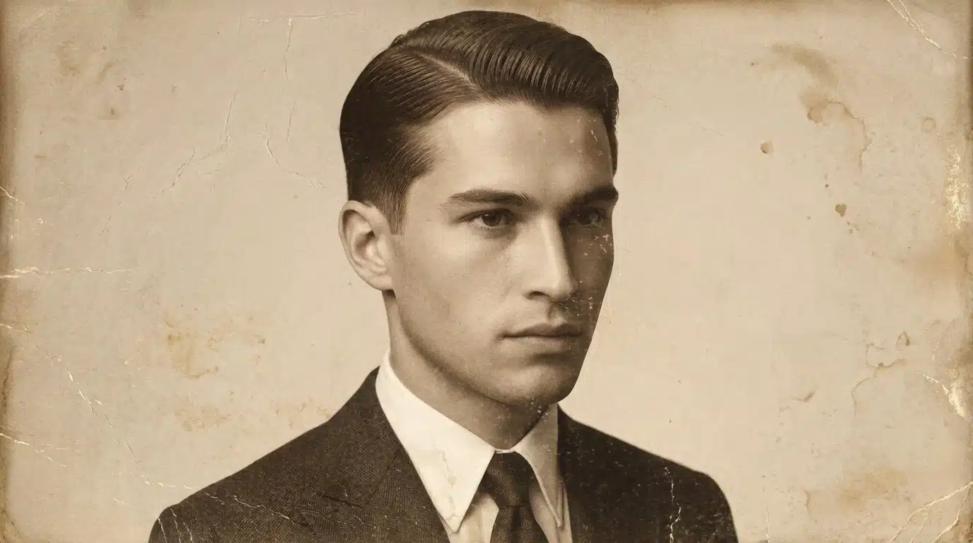 angled slick back hairstyle with soft front lift and tapered sides