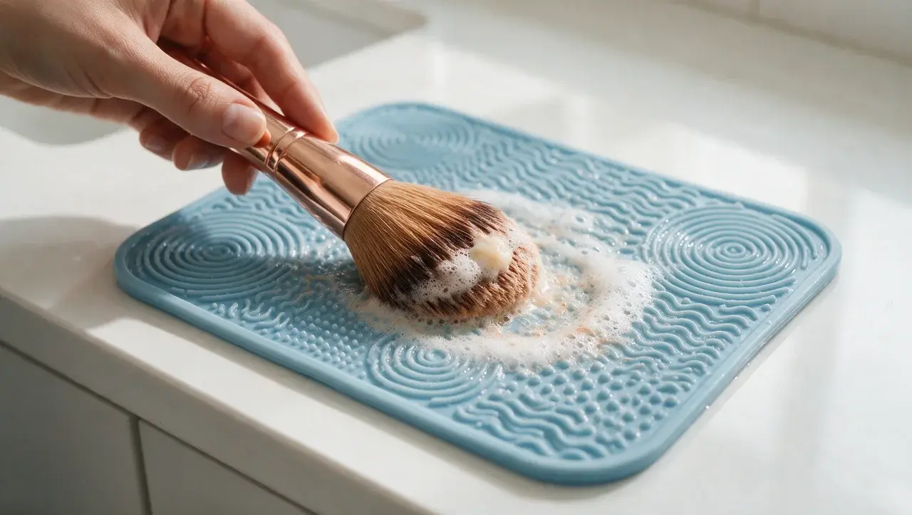 applying cleanser to makeup brush bristles on cleaning mat