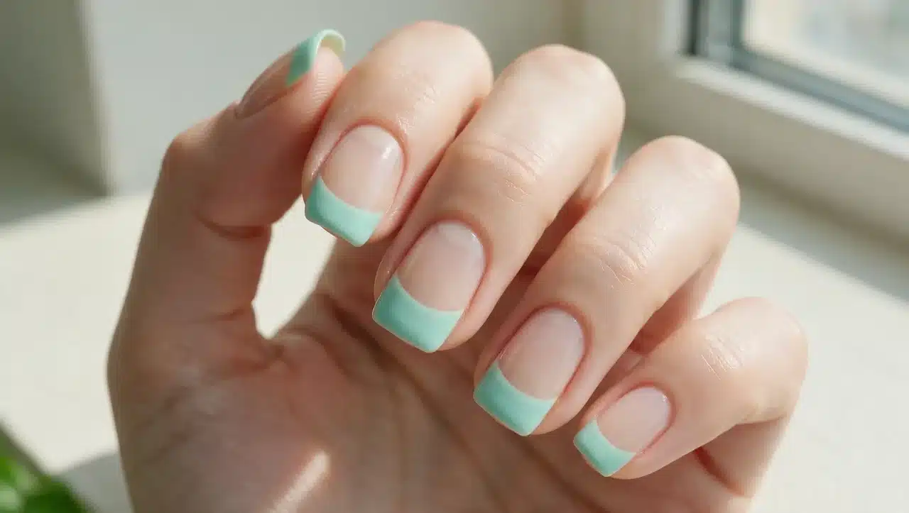 aqua mint french tips with soft pastel summer nail design details