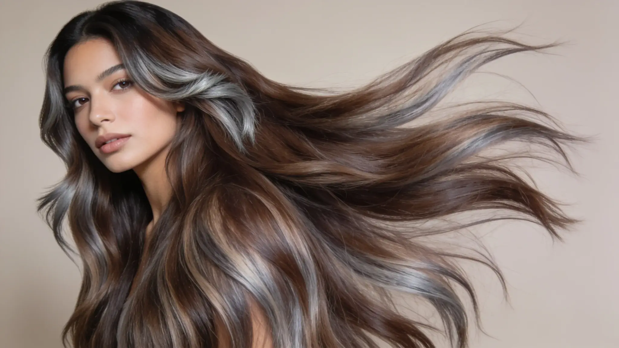 ash brown balayage with cool smoky highlights on long flowing brown hair with soft salon styling