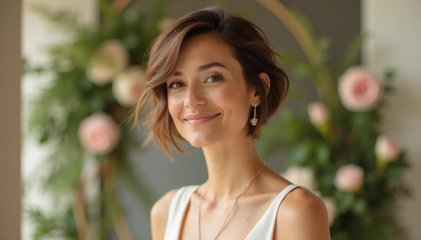 asymmetrical pixie bob haircut with angled layers and face framing pieces for wedding guest style