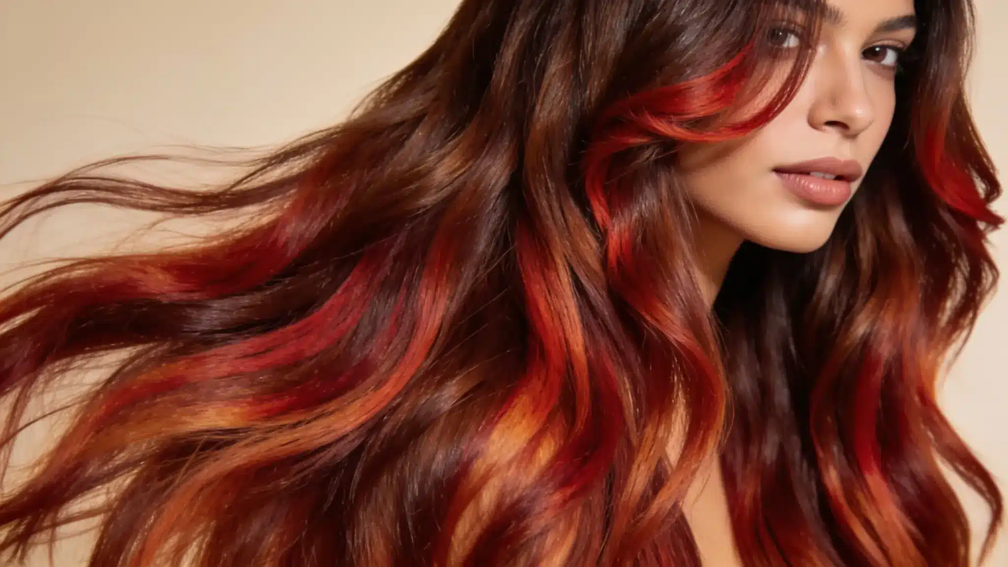auburn balayage with rich red brown ribbons on long flowing brunette hair with warm tones