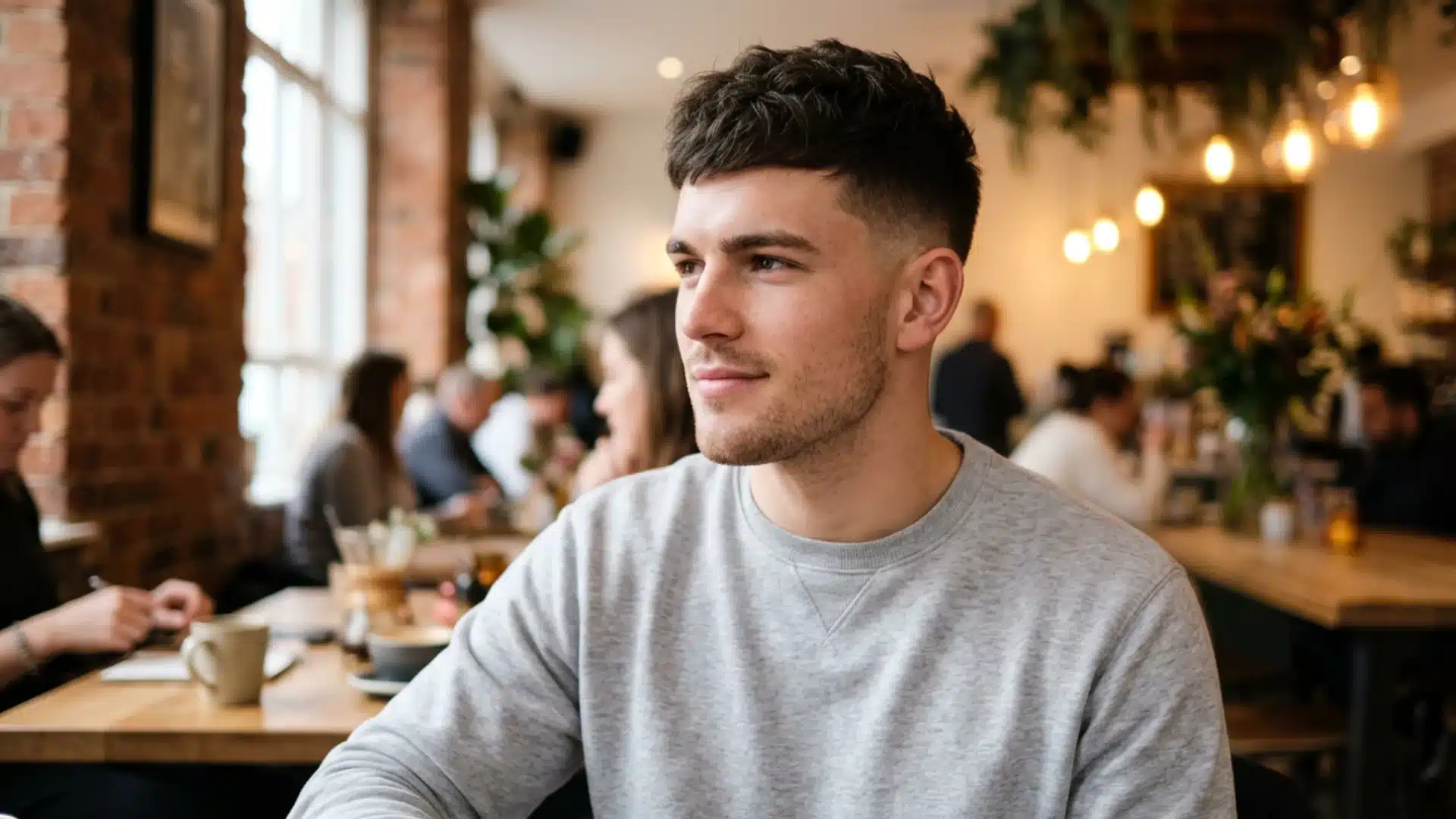 A young man in a grey sweatshirt sits in a bustling cafe, looking thoughtfully off-camera in