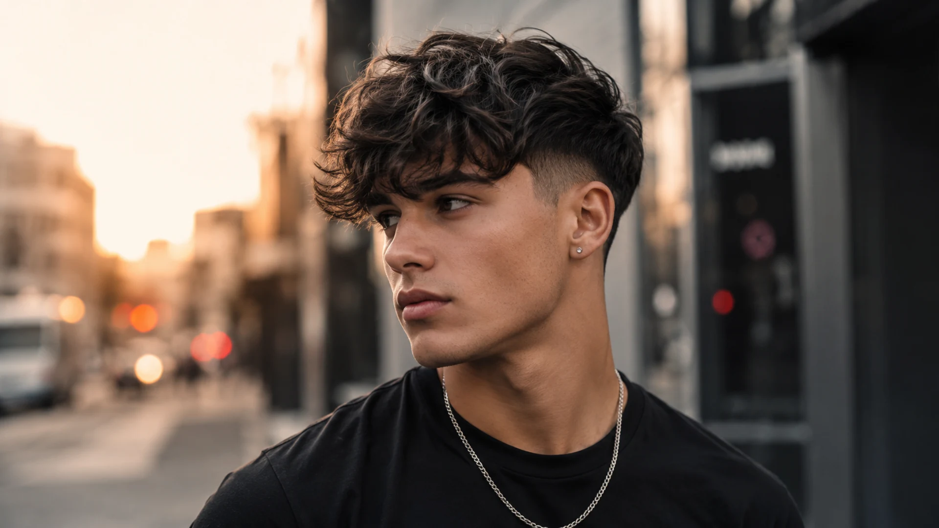 A young man with wavy hair and a fade haircut looks away against a blurred city sunset