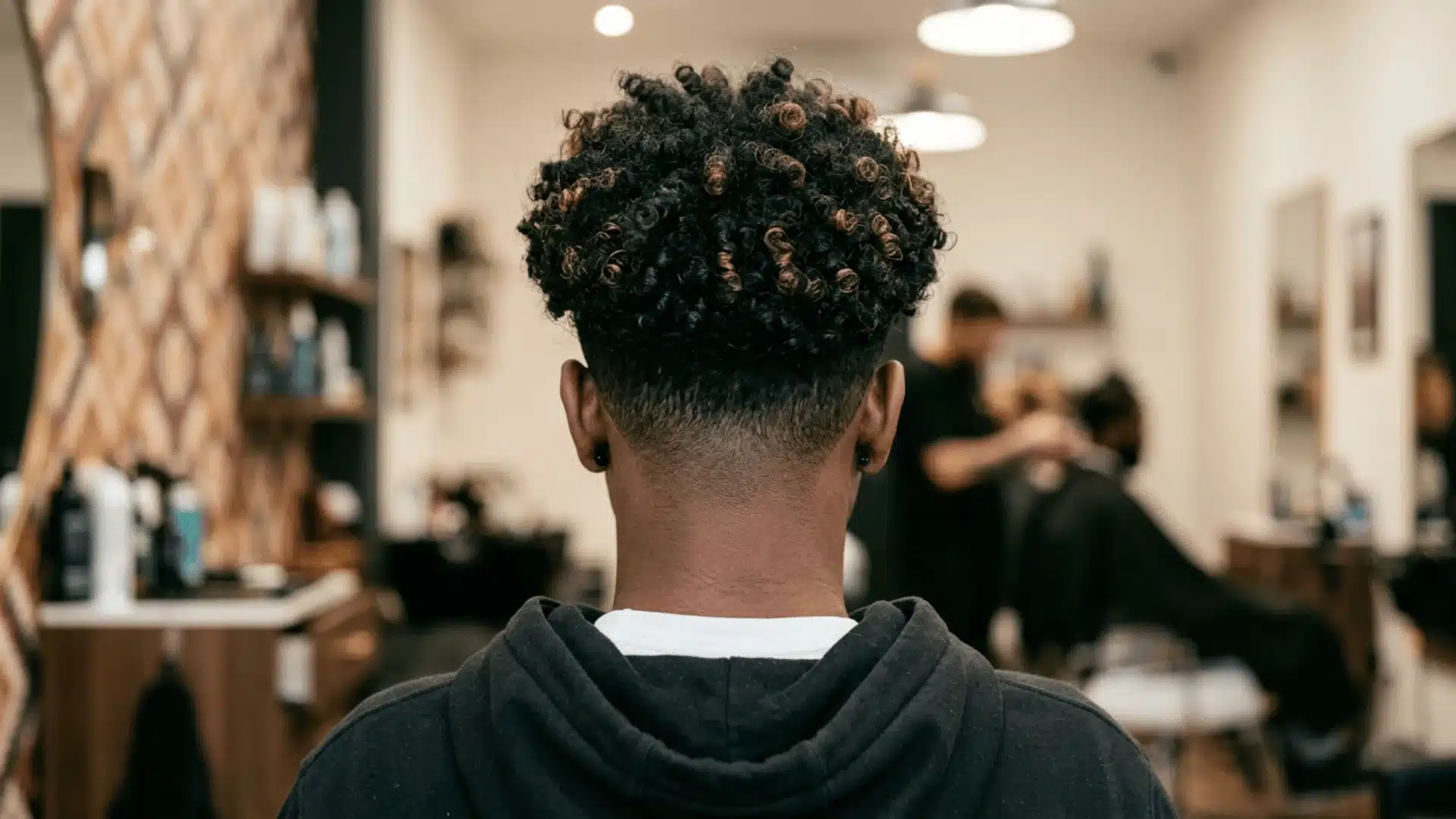 Back view of curly taper fade haircut in modern barbershop with defined curls and clean neckline fade