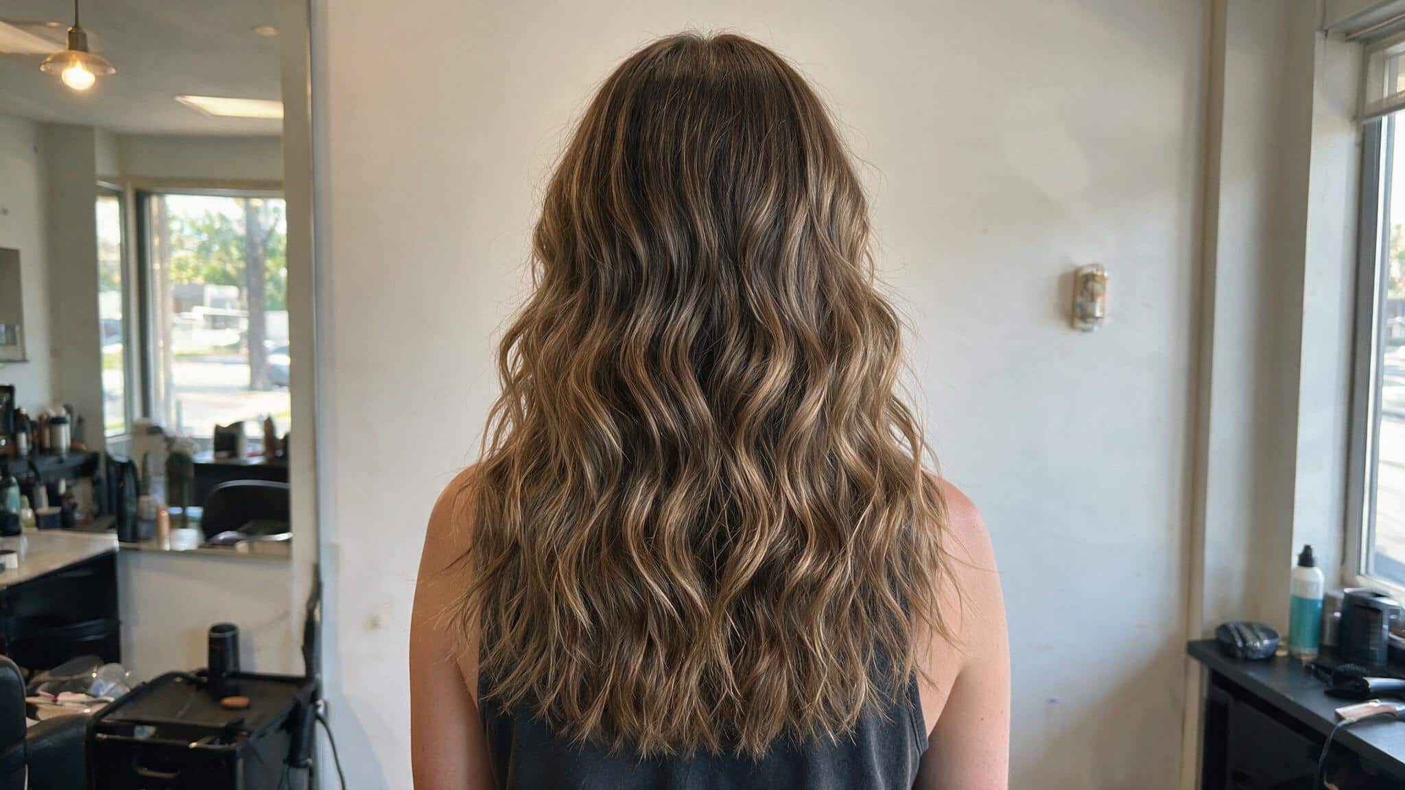 back view of woman with long brown body wave perm showing loose s waves soft volume natural roots and layered salon look