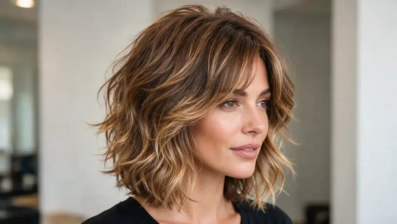 balayage shag haircut with highlighted layers and textured movement
