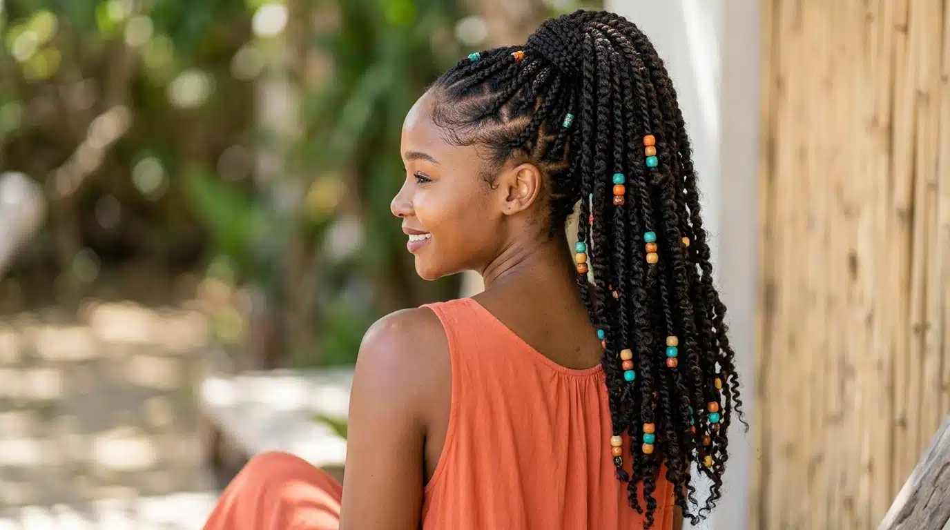 beaded ponytail hairstyle with braided sections decorated with colorful beads