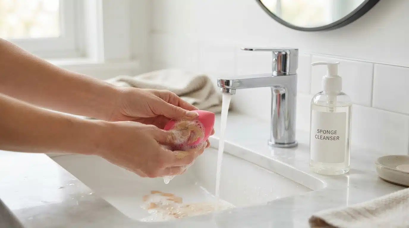 beauty blender being cleaned with gentle sponge cleanser