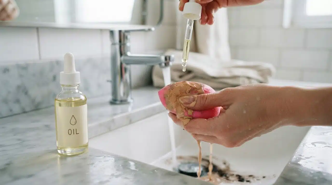 beauty blender cleaned with oil for waterproof makeup removal