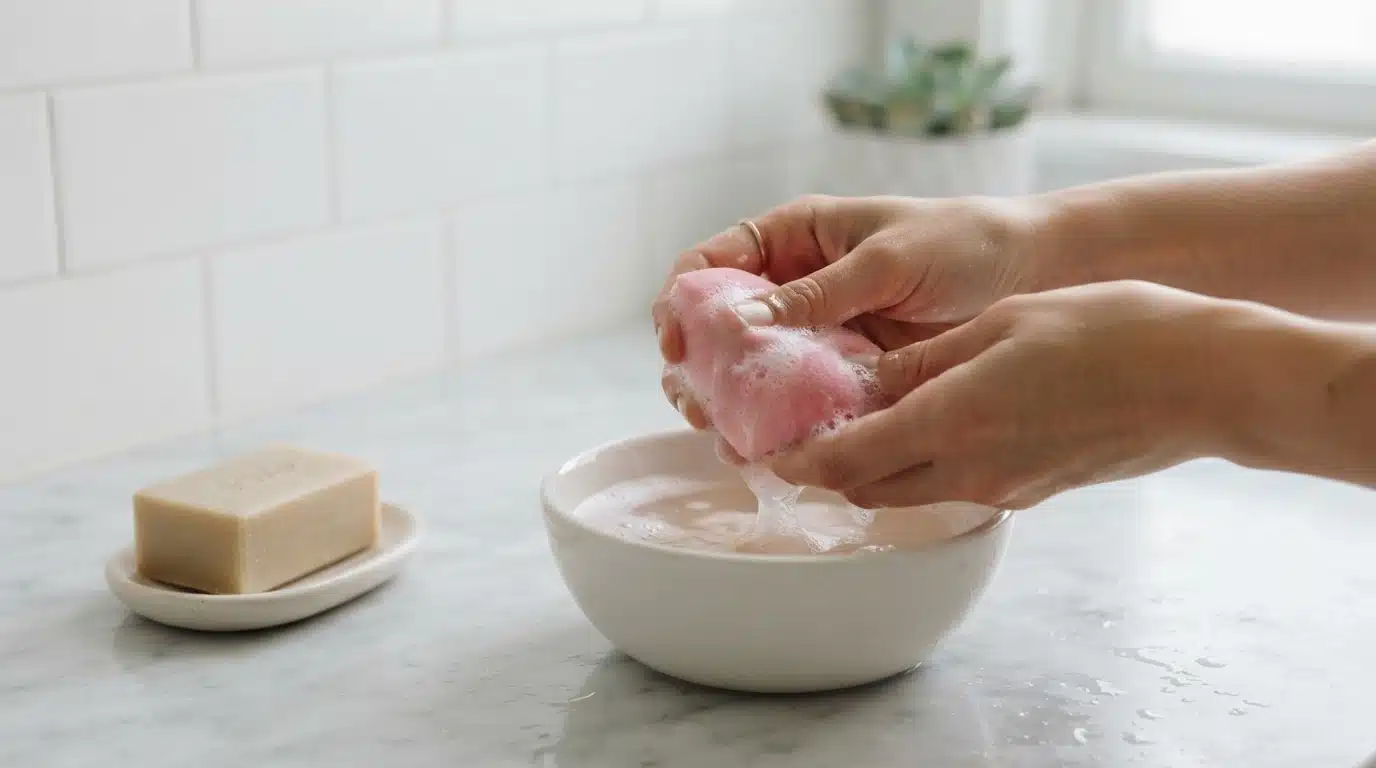 beauty blender cleaning with mild soap and warm water