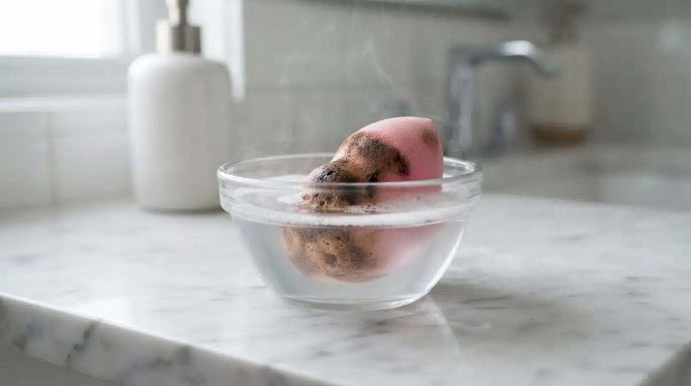 beauty blender soaking in cleanser water for deep cleaning