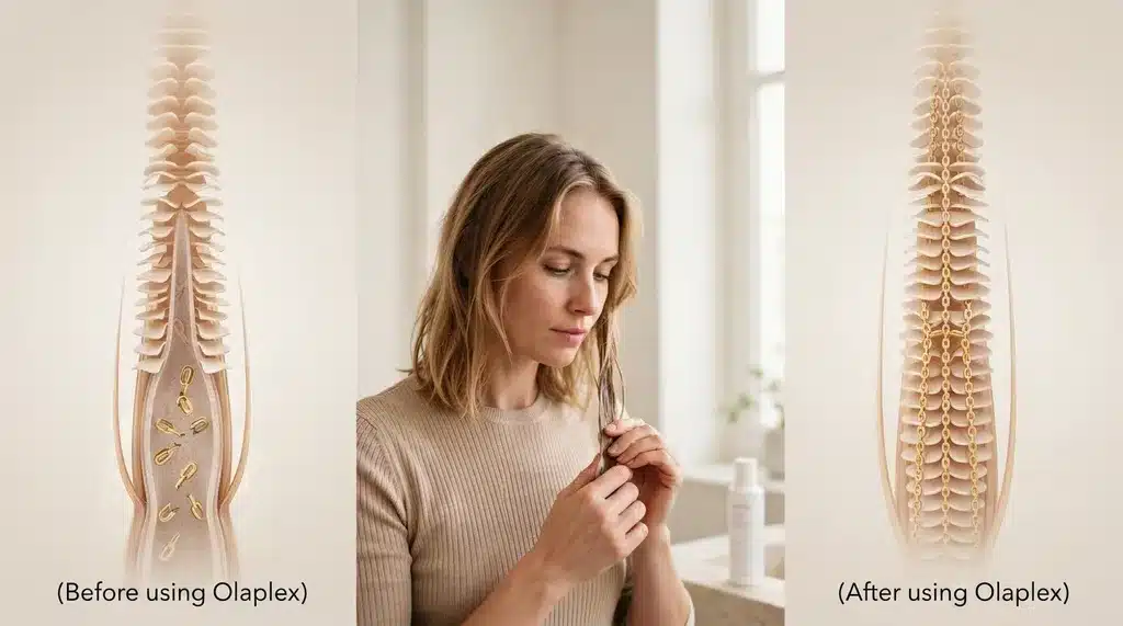 beauty science visual showing damaged hair bonds before and after bond repair with a woman applying hair treatment