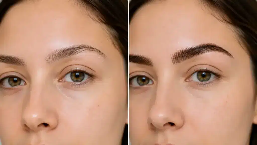 before and after eyebrow tint with fuller darker brows close-up