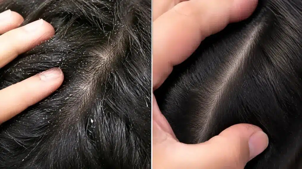 before and after scalp comparison showing dandruff flakes and clean hair parting