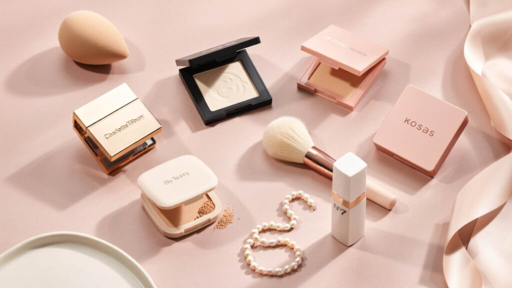 pressed powder compacts from charlotte tilbury nars kosas by terry no7 and it cosmetics arranged in a soft pink pinterest style beauty flat lay