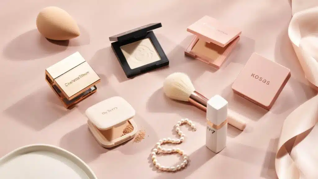 pressed powder compacts from charlotte tilbury nars kosas by terry no7 and it cosmetics arranged in a soft pink pinterest style beauty flat lay