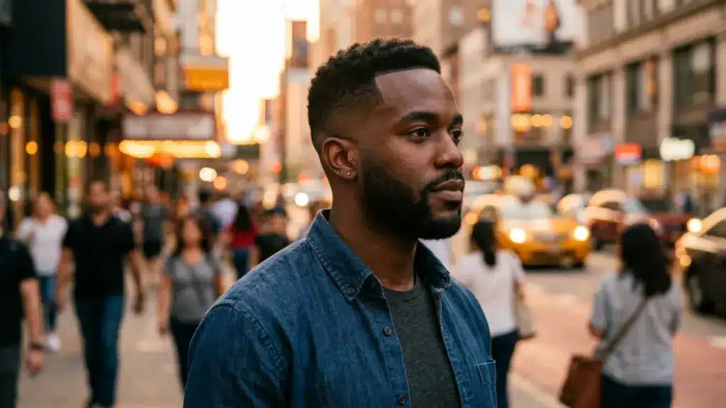 Black man with mid fade haircut on busy city street