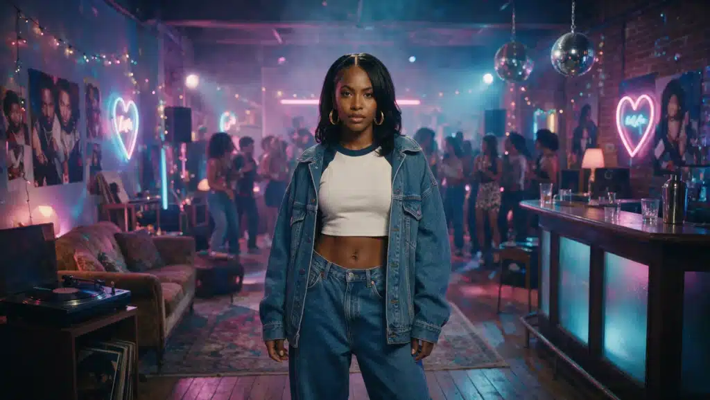black woman wearing 90s inspired party outfit with denim crop top and retro accessories