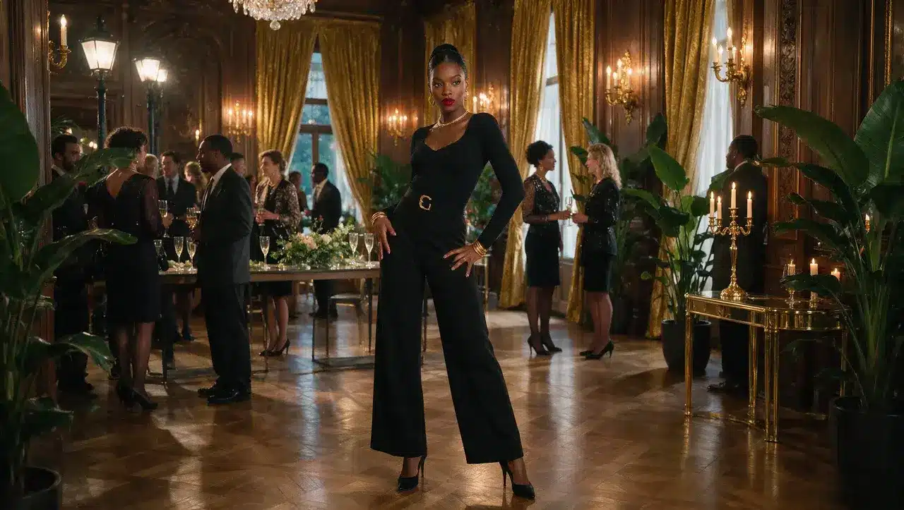 Black woman wearing all black glam outfit with gold jewelry 90s fashion