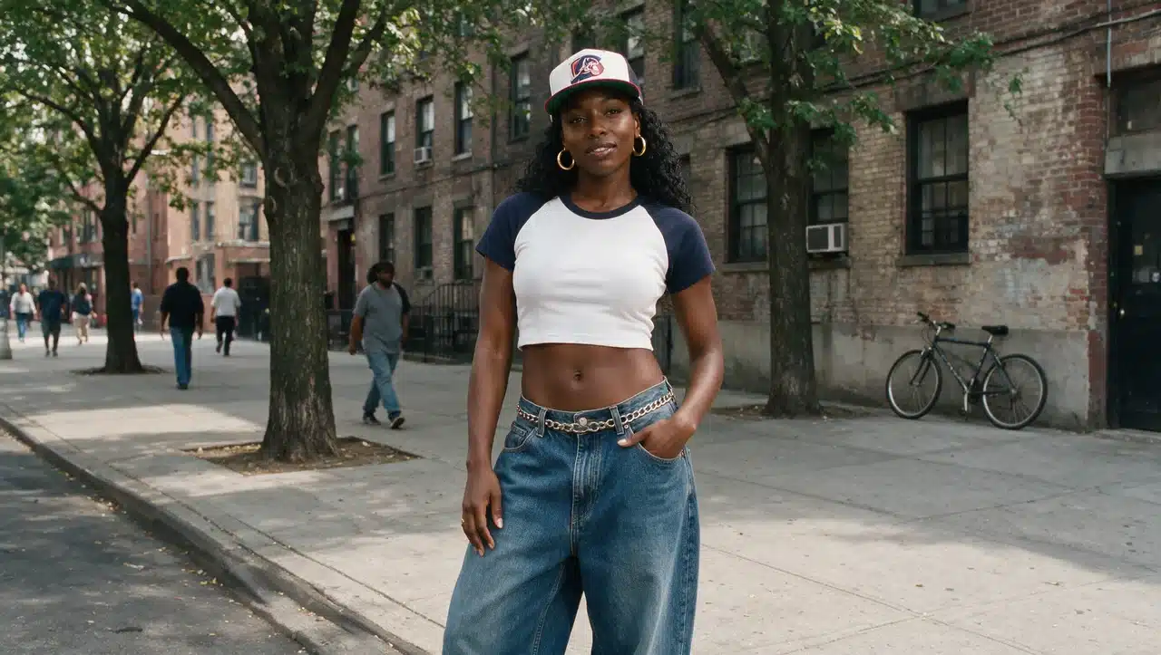 Black woman wearing baggy jeans crop top and gold hoops for a 90s party outfit