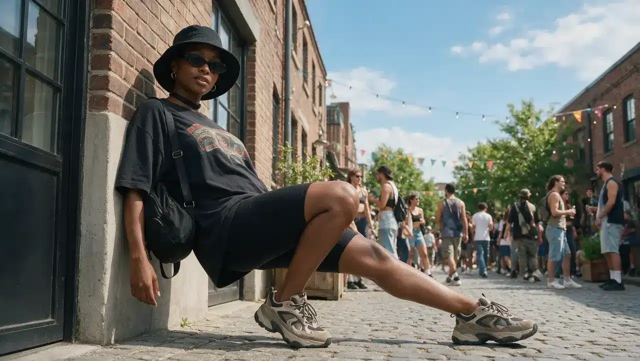 Black woman wearing bucket hat bike shorts and oversized tee 90s outfit