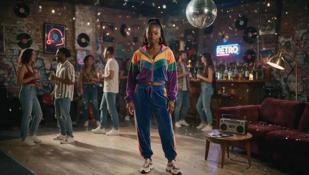 Black woman wearing colorful velour tracksuit inspired by 90s party fashion