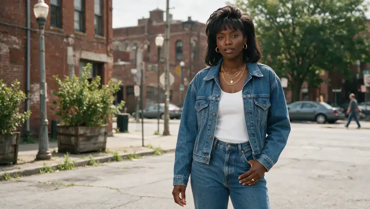Black woman wearing denim on denim outfit with gold chains for 90s style