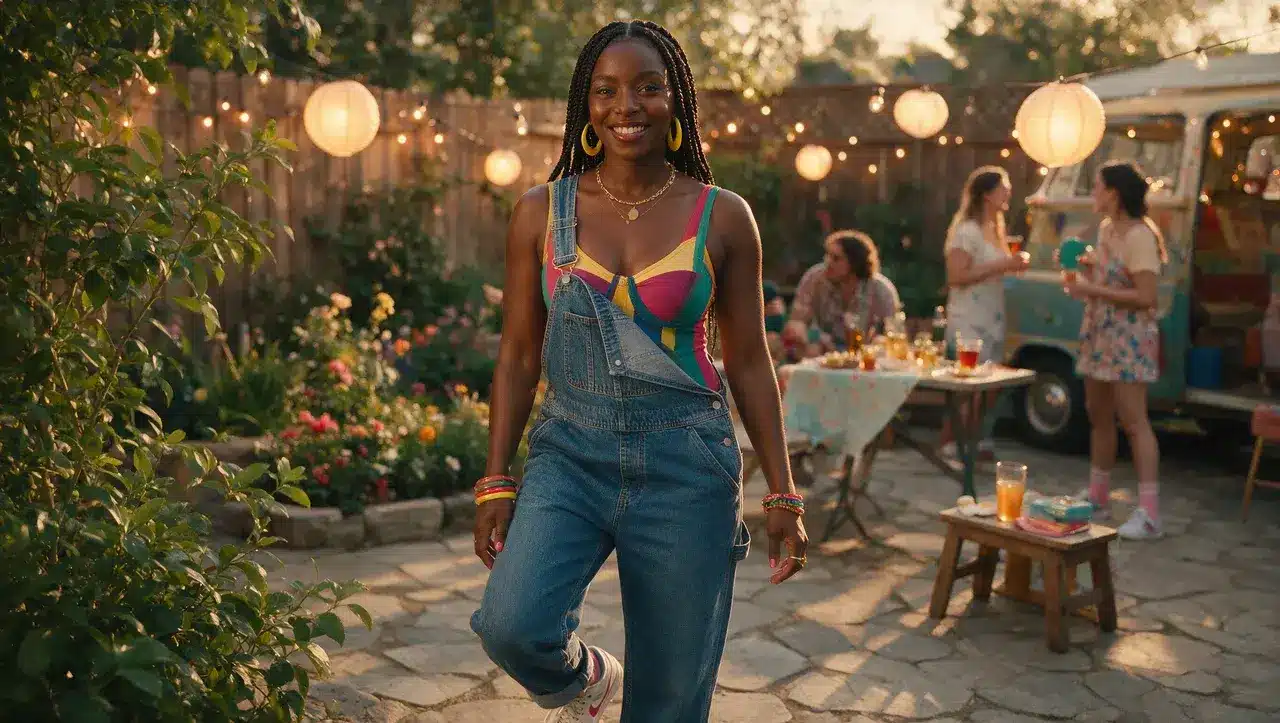 Black woman wearing denim overalls and bodysuit inspired by 90s fashion
