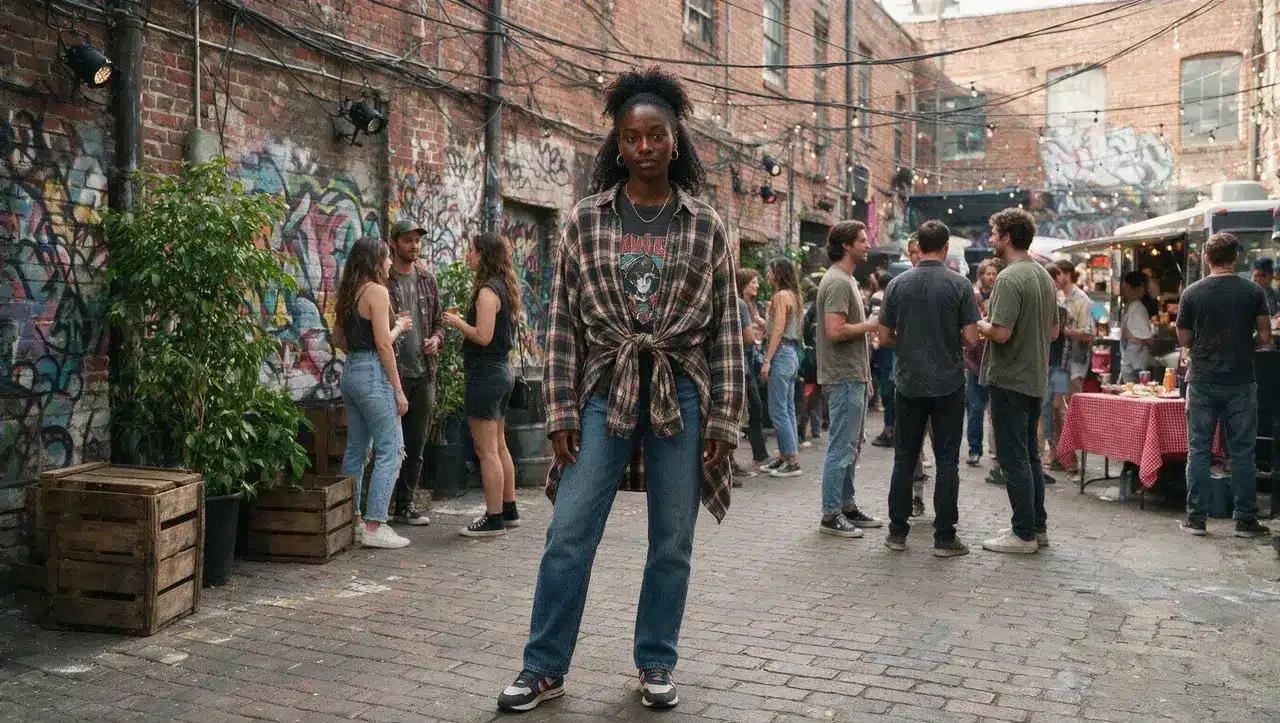Black woman wearing flannel graphic tee and jeans with 90s grunge style