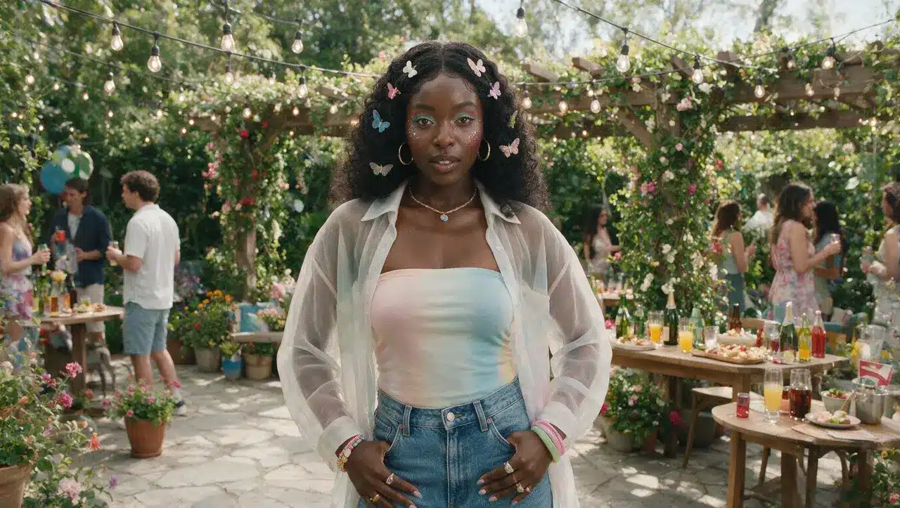 black woman wearing high waisted jeans and bandeau top with 90s accessories