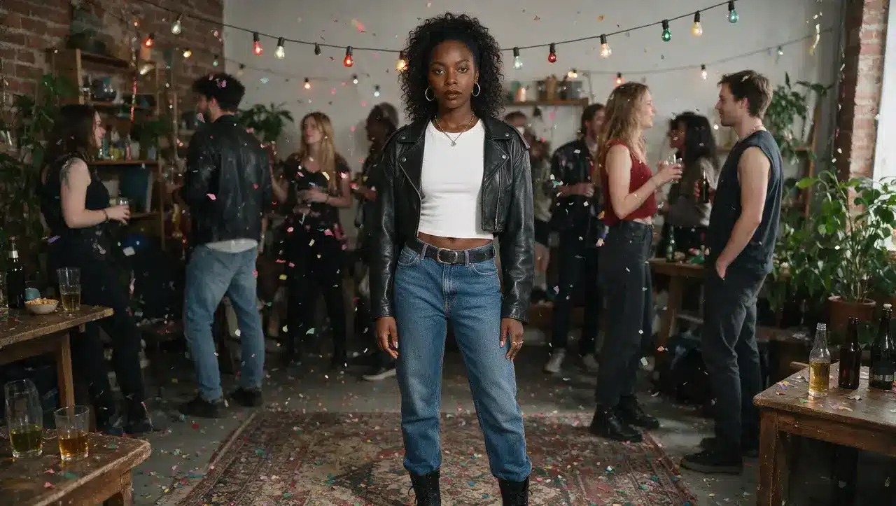Black woman wearing leather jacket baby tee and jeans inspired by 90s fashion