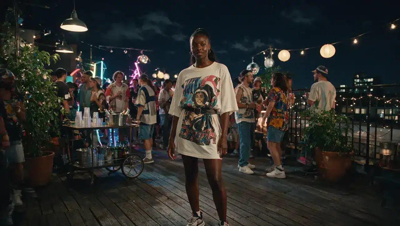 Black woman wearing oversized graphic tee dress with 90s streetwear style