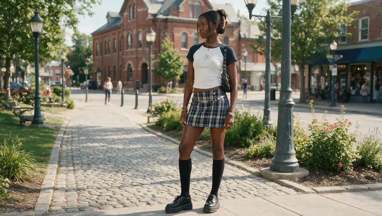 Black woman wearing plaid mini skirt outfit with 90s accessories and shoes