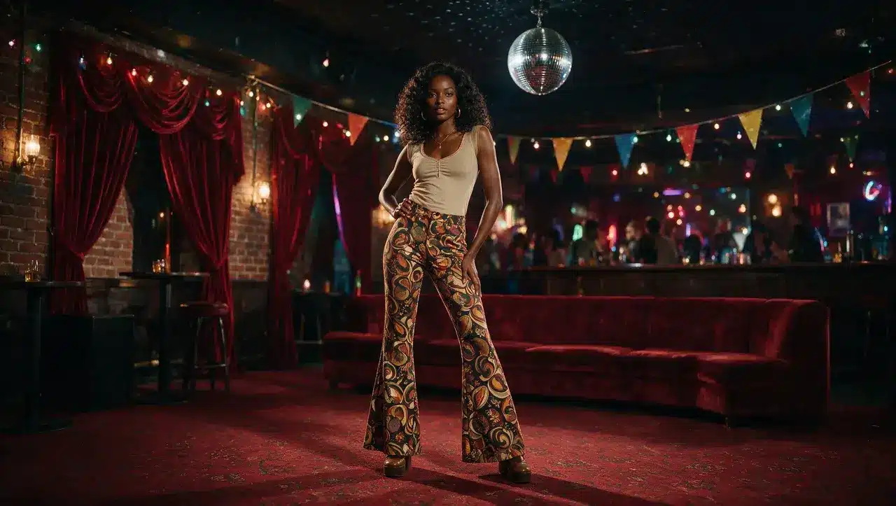 Black woman wearing printed bell bottom pants with retro 90s party outfit