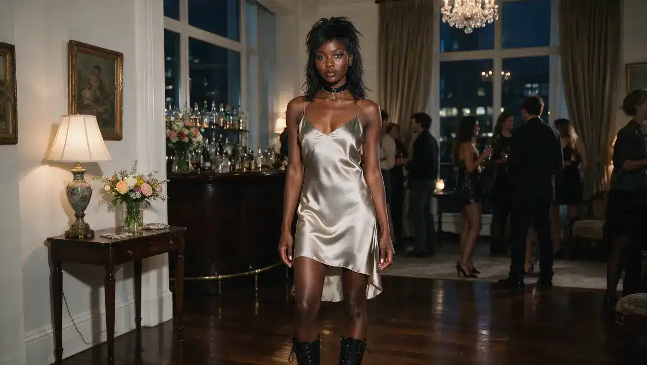 Black woman wearing satin slip dress and combat boots for 90s party style