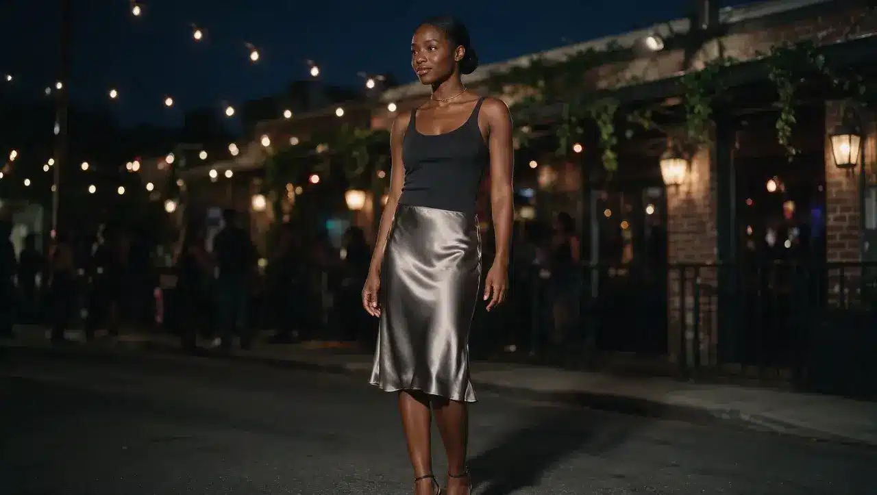 Black woman wearing satin slip skirt tank top and choker for 90s look