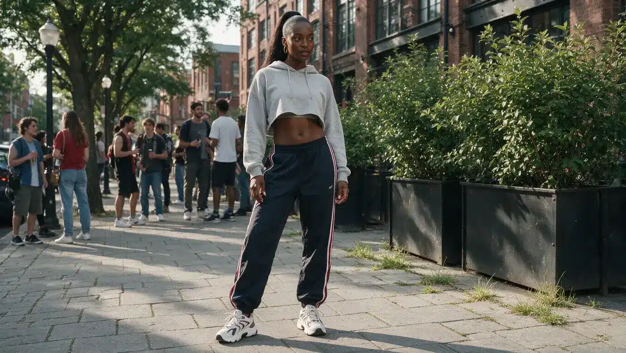 Black woman wearing track pants cropped hoodie and chunky sneakers 90s style