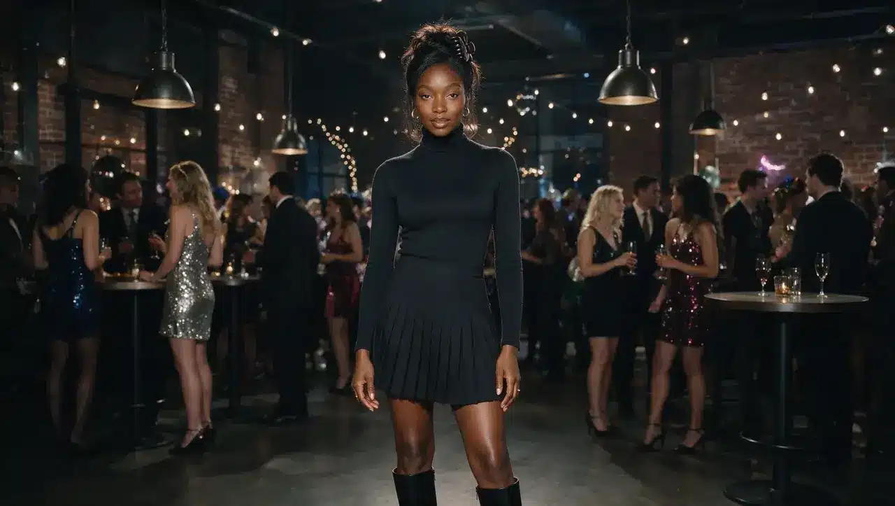 Black woman wearing turtleneck and pleated skirt with 90s inspired style