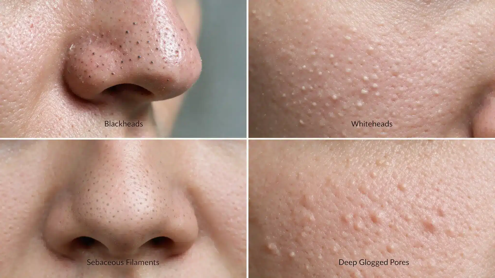 blackheads whiteheads sebaceous filaments and deep clogged pores on facial skin close up